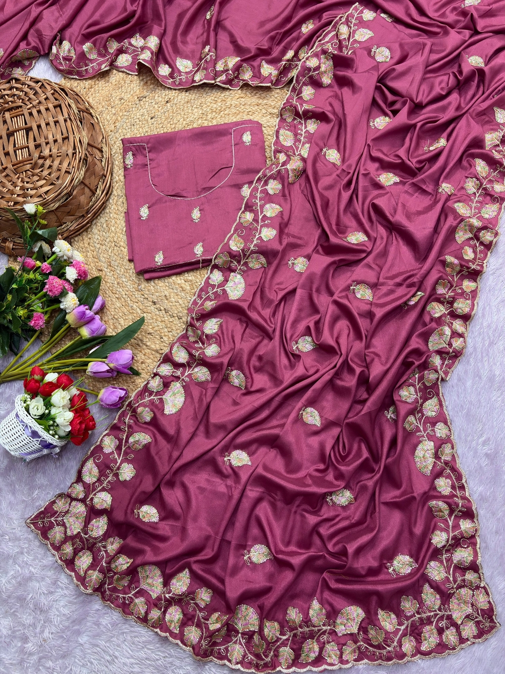 Embroidered Magenta Women’s Saree with Gold Leaf Accents
